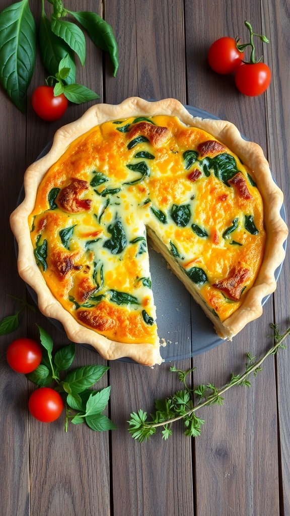 A savory three-cheese quiche with a flaky crust, filled with melted cheese and spinach, served on a wooden table.